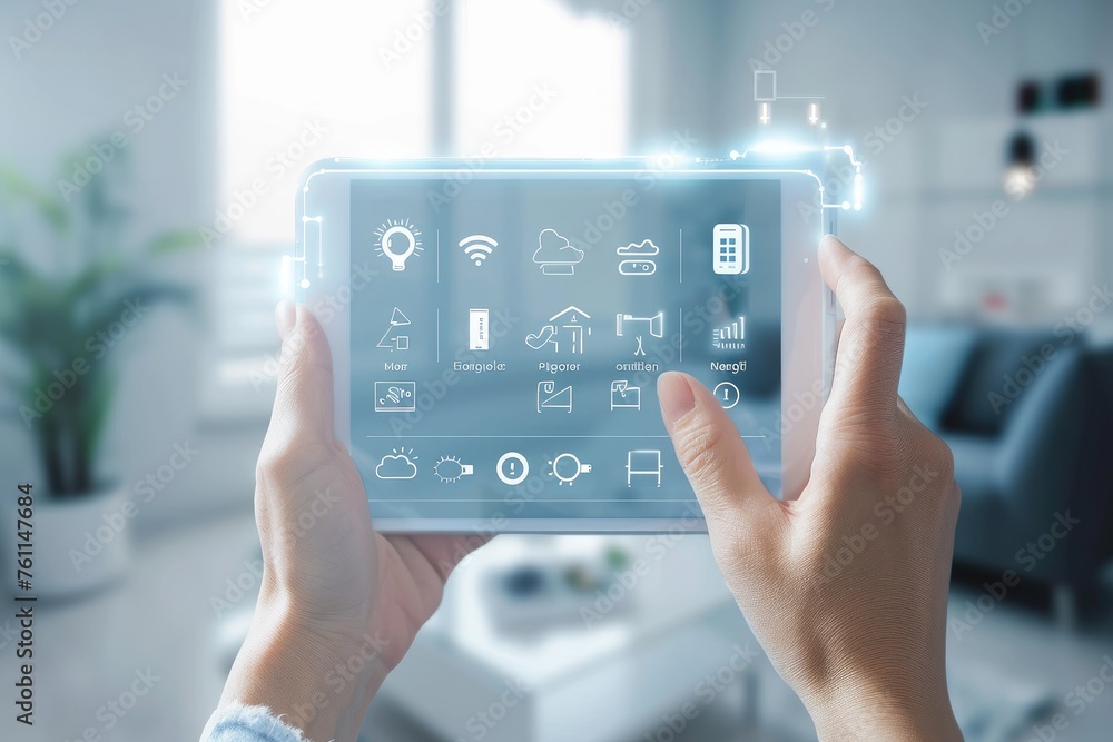 Poster a person holding a tablet with various icons displayed on the screen, a smart home system on a touch