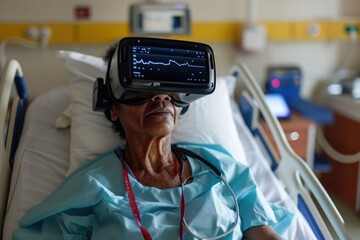 An elderly woman lying in a hospital bed, immersed in a virtual reality experience through a VR headset, A snapshot of virtual reality in healthcare, AI Generated