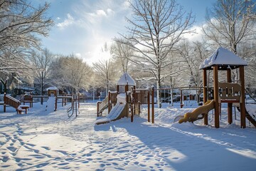 A snowy park with a playground and play equipment covered in a blanket of snow, A snow-covered playground in the heart of winter, AI Generated