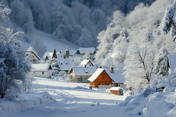 Naklejka premium A snowy landscape featuring houses and trees in the background, A snow-covered small village in the heart of winter, AI Generated