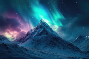 A snow-covered mountain stands beneath a vibrant sky filled with stunning aurora lights, A snowy mountain peak under the kaleidoscope colors of the Northern Lights, AI Generated