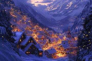 A snowy village glows brightly as numerous lights illuminate the scene, A snowy mountain village illuminated by Christmas lights, AI Generated