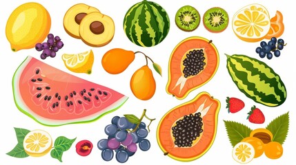 Set of tropical fruits with white background. Healthy exotic food. Natural fresh exotic vitamins. Papaya wedge, lemon half, grapes, apricot slice, watermelon slices.