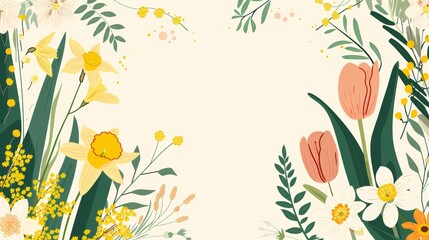 A blossoming garden with delicate tulips, daffodils, mimosa, leaves, and branches in a spring floral framed card design. Flat modern illustration of leaves, branches, daffodils, mimosas, and blooms. - obrazy, fototapety, plakaty