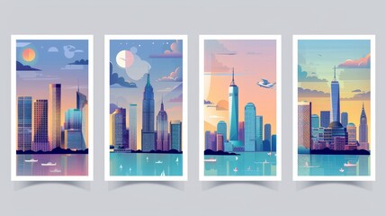 Posters featuring cityscapes, highrise skyscrapers, multistory towers, urban buildings in downtown, houses on the sea. Highrise skyscrapers, seaside architecture, modern highrise skyscrapers. Flat