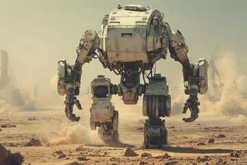 A robotic machine stands alone in the middle of a vast desert, surrounded by sand and under the open sky, A soldier robot in the middle of a warzone, AI Generated