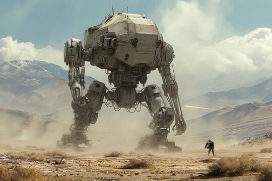 A massive robot stands in the center of a vast desert, dominating the landscape with its imposing presence, A soldier robot in the middle of a warzone, AI Generated - Powered by Adobe