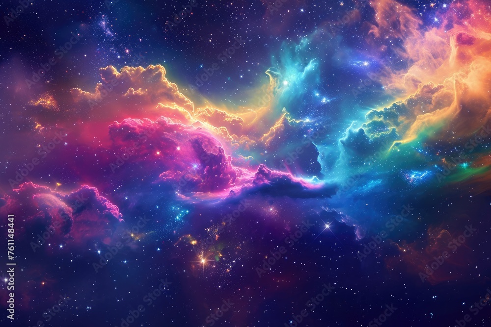 Poster a vibrant space scene filled with stars and clouds, creating a mesmerizing and dynamic composition, 