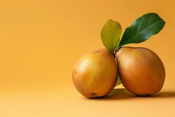 Two Oranges With Green Leaf on Yellow Background