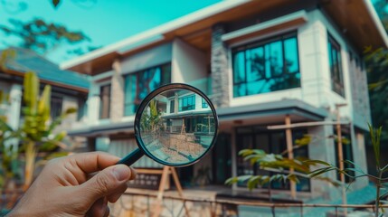 engineer use magnifying glass inspecting construction new house.inspecting construction and quality assurance new house. Engineers or architects or contactor work to build the house.