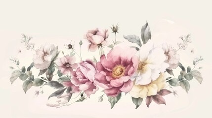 The card features roses, wildflowers, and peonies in watercolor on a white background. - obrazy, fototapety, plakaty
