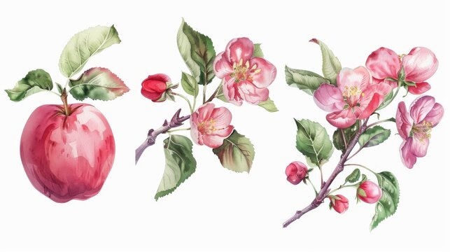 An illustration set of red apple blossoms drawn in watercolor. Vector, isolated on a white background. Ideal for invitations, movie posters, fabrics and other designs.