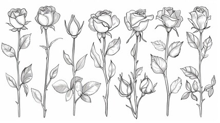 Isolated rose flowers sketch and continuous line drawing on white background.