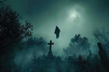 A eerie cemetery filled with tombstones and an ominous crow soaring through the sky, A spectral figure floating over a misty graveyard at midnight, AI Generated - obrazy, fototapety, plakaty