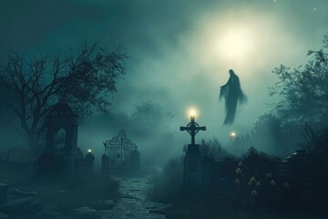 A ghostly figure emerges from the fog in a macabre cemetery setting, A spectral figure floating over a misty graveyard at midnight, AI Generated