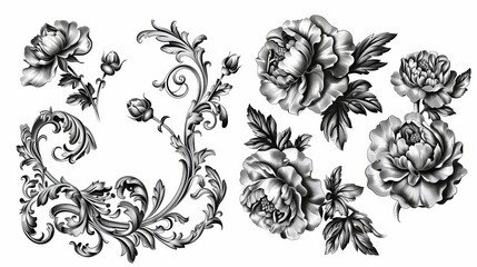 Rose peony carnation flowers in a baroque frame border ornament. Engraved leaf scroll modern retro pattern. Filigree design of decorative tattoo. - obrazy, fototapety, plakaty