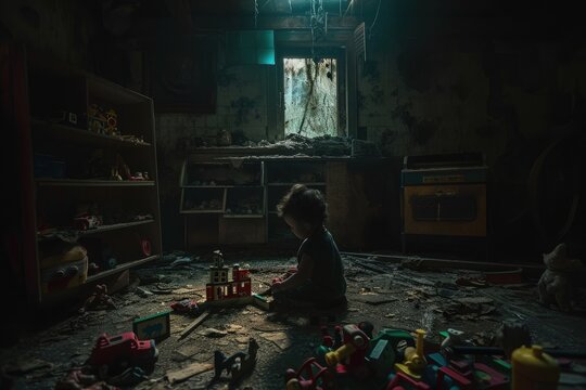 A child is seen sitting on the floor in a playroom filled with toys, A spectral child playing with antique toys in a darkened, abandoned playroom, AI Generated