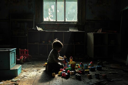 A child engrossed in play, surrounded by various toys, in a dimly lit room, A spectral child playing with antique toys in a darkened, abandoned playroom, AI Generated