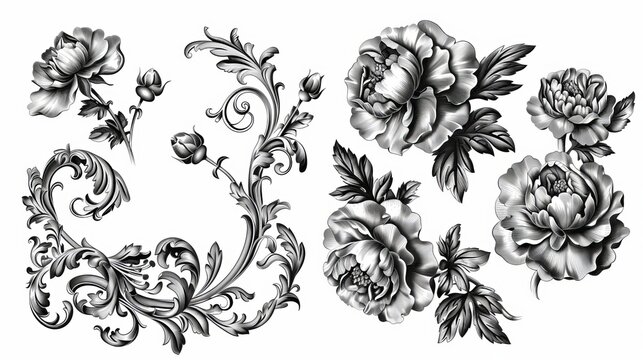 Rose peony carnation flowers in a baroque frame border ornament. Engraved leaf scroll modern retro pattern. Filigree design of decorative tattoo.
