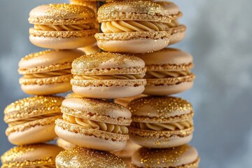 A stack of colorful macaroons adorned with a shimmering layer of gold glitter, A spiral tower of gold-dusted macarons, AI Generated