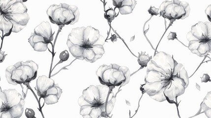 Ink sketch art floral seamless pattern with cotton blossom flowers, endless texture, suitable for wedding invitations, wallpaper, textile, wrapping paper. - obrazy, fototapety, plakaty