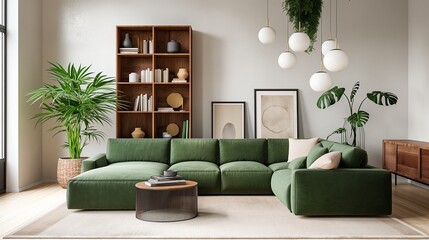 Contemporary Scandinavian Charm, Modern Living Room Featuring Green Corner Sofa and Shelving Unit