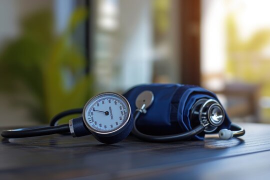 A photo showing a blood pressure meter and stethoscope placed on a table, A sphygmomanometer placed on a table, AI Generated