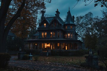 Fototapeta premium A photograph showcasing a grand four-story house with an abundance of windows, providing amazing panoramic views of the surroundings, A spooky Victorian manor on Halloween night, AI Generated