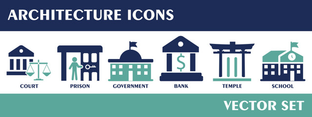 Architecture icons. Containing court, prison, goverment, bank, temple, school. Solid icon collection. Vector set. 