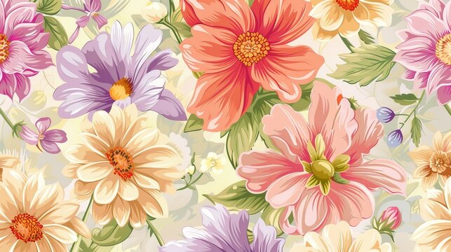 In watercolor style, this seamless floral pattern features flowers