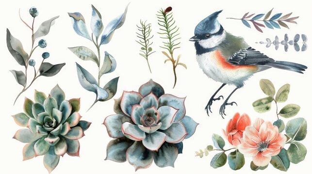 An assortment of modern flowers, a red-flanked blue-tail bird, succulents, Silver Brunias, branches, and leaves.