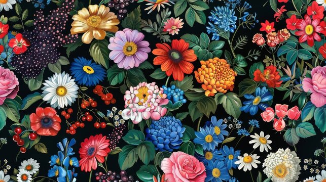 Elegant floral pattern with vibrant colored flowers, plants, branches, berries on a black background.