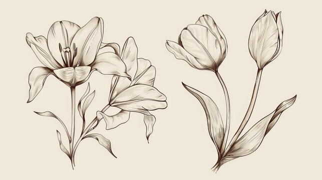 An illustration of floral pattern for design. Design of natural flowers with floral patterns. Graphic, sketch drawing. Lily, tulip.