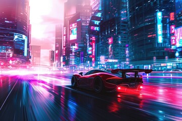 Fototapeta na wymiar A car with headlights on drives down a bustling city street at night, surrounded by tall buildings and illuminated by streetlights, A sports car crossing a vibrant cityscape, AI Generated