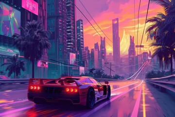 A vibrant red sports car speeds through a bustling city street, surrounded by tall buildings and a...