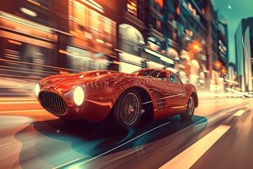 A vibrant red sports car speeds down a busy city street surrounded by tall buildings, A sports car...