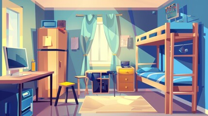 Room in hostel with bunk beds, computer on desk, wardrobe and fridge. Cartoon interior of college dormitory, guest accommodation, budget apartment for tourists. - obrazy, fototapety, plakaty