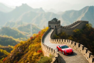 A red car drives down a road that runs alongside a majestic mountain, A sports car driving along the Great Wall of China, AI Generated