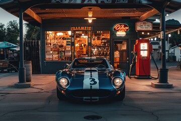 A red car is parked in front of a busy gas station, with people filling up their vehicles and going about their activities, A sports car filling at a vintage gas station, AI Generated