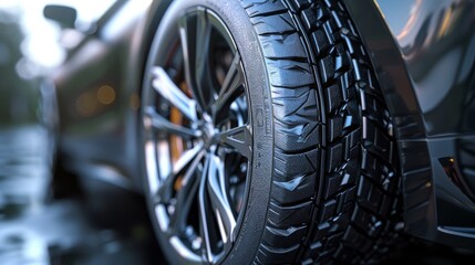 Detailed close-up of the wheel and tire of a modern sports car. Black luxury car with large alloy wheels. Shallow depth of field with focus on tire tread.