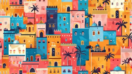 Moroccan architecture, seamless pattern. Medina and Marrakech buildings, repeated print for textile, wallpaper. Printable Marrakesh. Modern flat design.