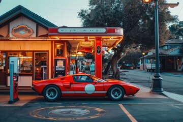 A red car is parked in front of a gas station, surrounded by fuel pumps and a convenience store, A sports car filling at a vintage gas station, AI Generated