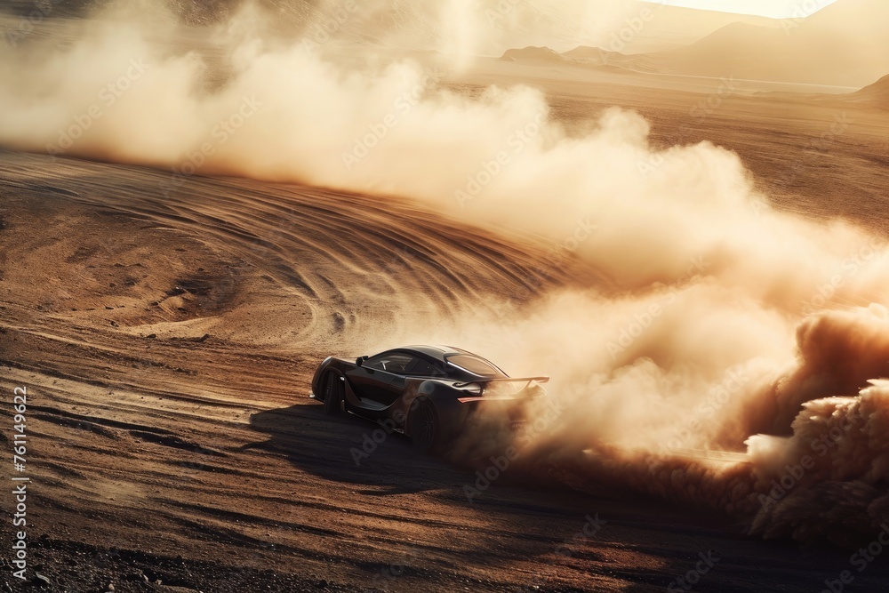 Poster A black car drives through a sandy desert, kicking up clouds of dust as it moves, A sports car leaving a trail of dust as it races across a desert track, AI Generated