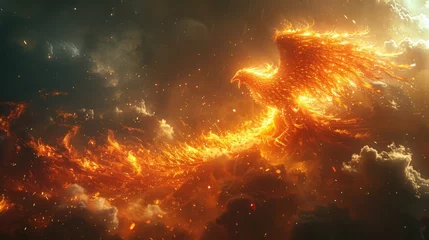 Fotobehang Fiery Mechanical Phoenix Ascension Illustration © Panupong Ws