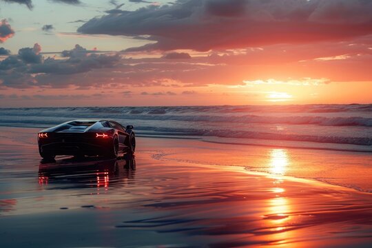 A car drives along the sandy beach as the sun sets in the background, creating a scenic and dynamic image, A sports car moving on the beach during sunset, AI Generated