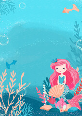 Fototapeta na wymiar Festive nautical background with pink-haired mermaid holding a seashell, sitting on a rock and pink ocean style cake with fish and seaweed on white background. Background for an invitation card for a