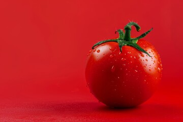 Red Tomato With Green Stem on Red Background