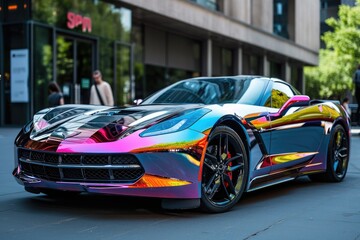 A vibrant sports car is parked elegantly on the side of the road, A sports car with a glossy...