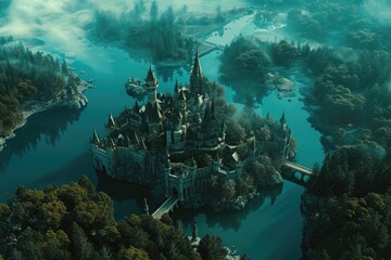 This aerial photograph captures a castle situated in the middle of a lake, showcasing its unique location and architecture, A sprawling fairy tale kingdom viewed from above, AI Generated - Powered by Adobe
