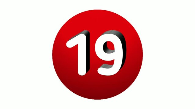 3D Number 19 nineteen sign symbol animation motion graphics icon on red sphere on white background,cartoon video number for video elements